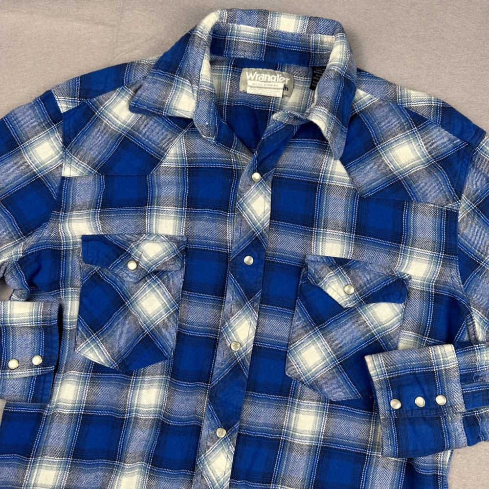 Wrangler Wrancher Mens Blue White Plaid Pearl Snap Flannel Western Shirt Medium